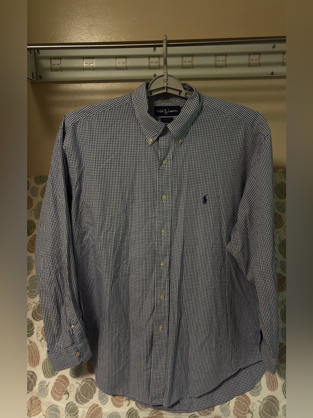 Ralph Lauren Navy and White Micro-Check Button-Down Shirt minor hand mended neck
